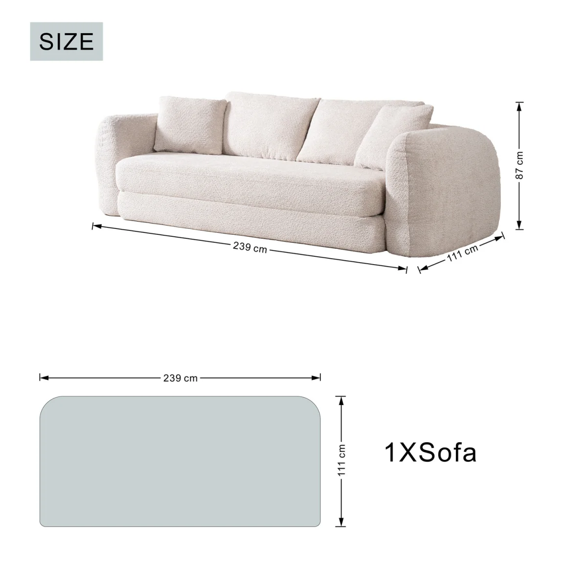 MIMO Indoor Pull-Out Loveseat Sofa Bed with Lamb Fleece Fabric, 30D Foam - Beige – image 7
