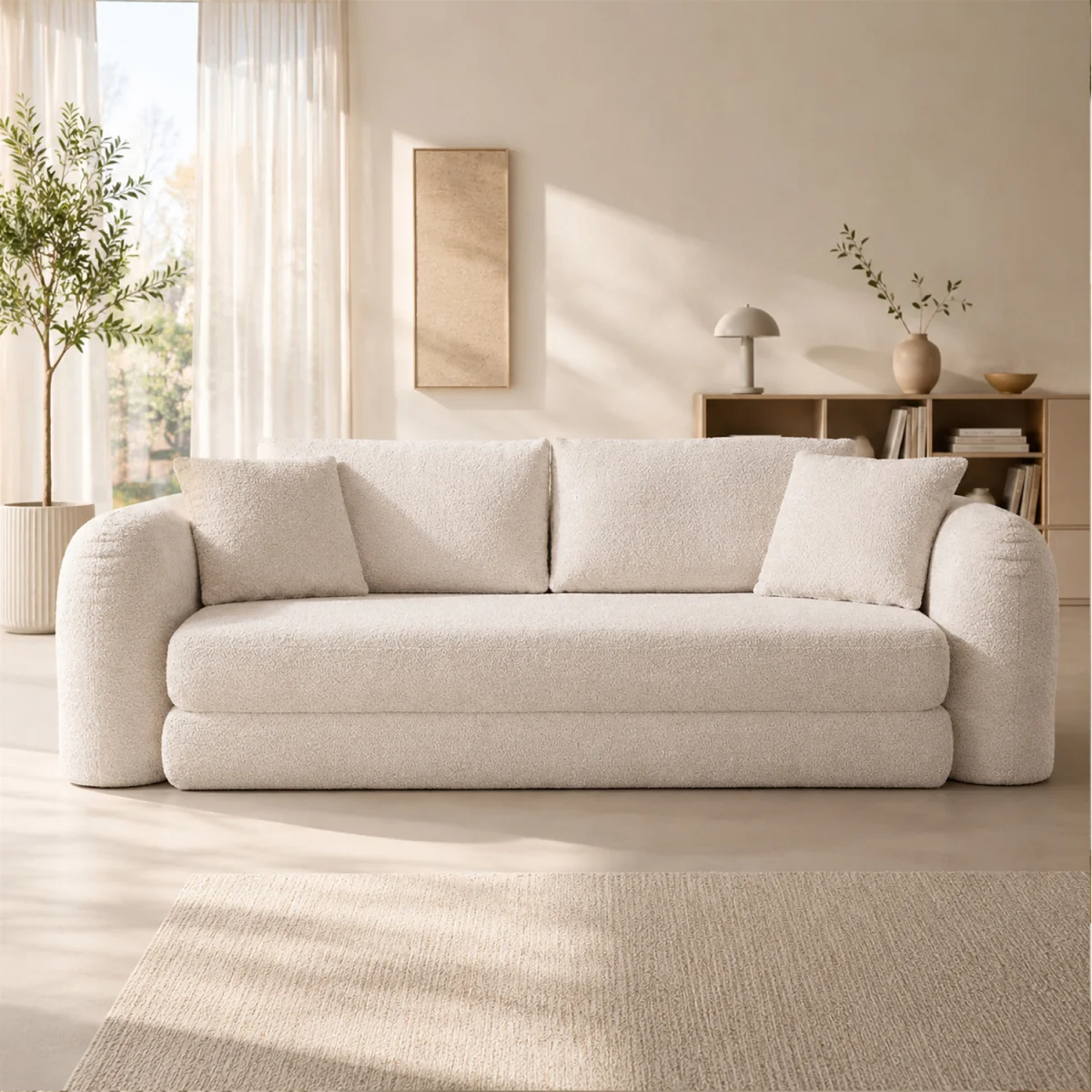 MIMO Indoor Pull-Out Loveseat Sofa Bed with Lamb Fleece Fabric, 30D Foam - Beige – image 8