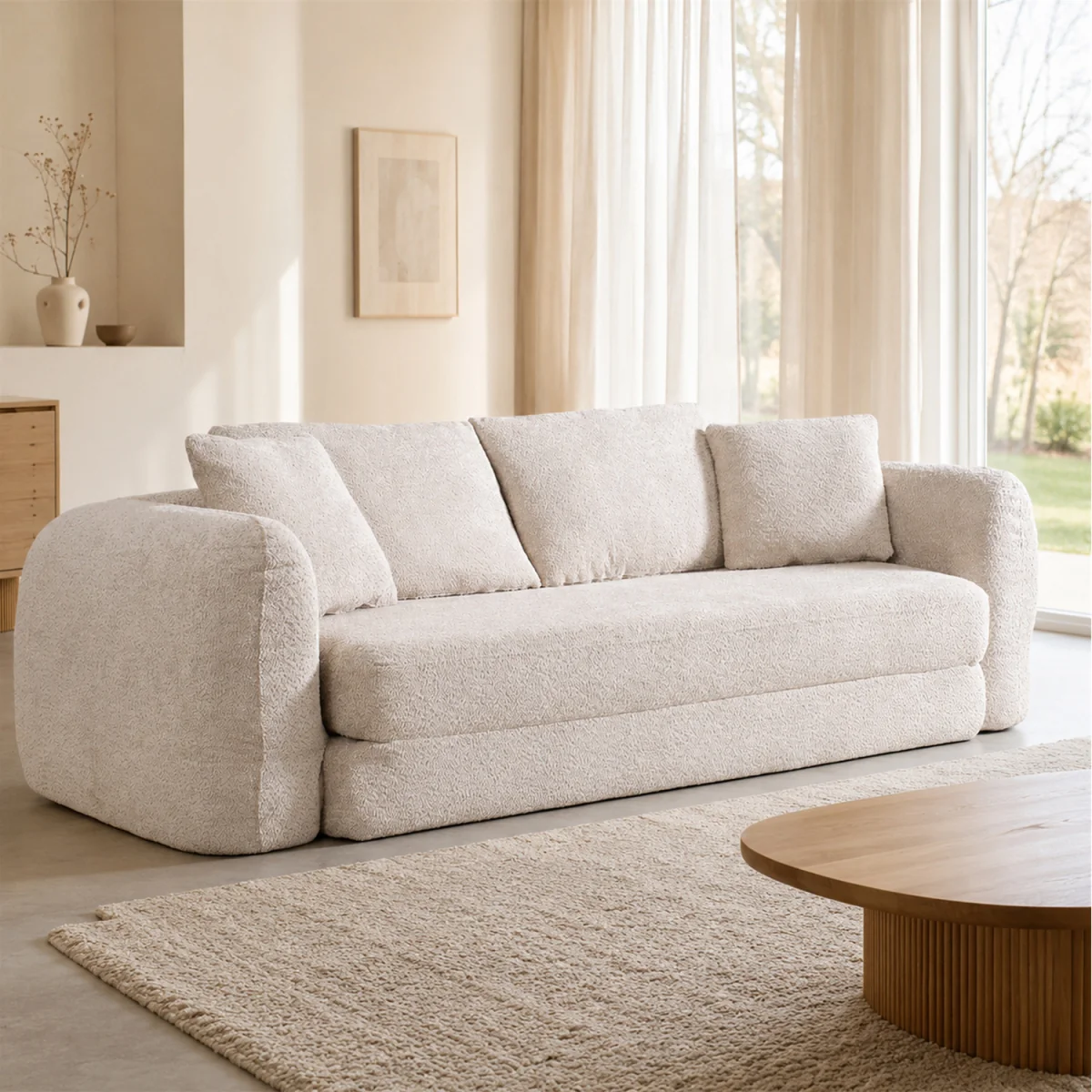 MIMO Indoor Pull-Out Loveseat Sofa Bed with Lamb Fleece Fabric, 30D Foam - Beige – image 9
