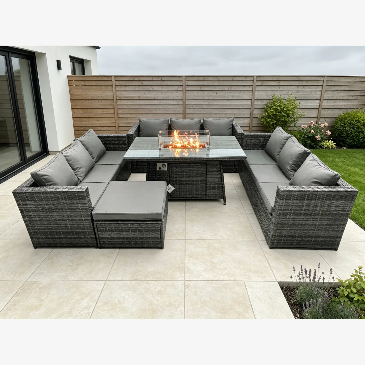 Fimous 10-Seater Rattan Sofa Set with Gas Fire Pit Table & Stool - Dark Grey