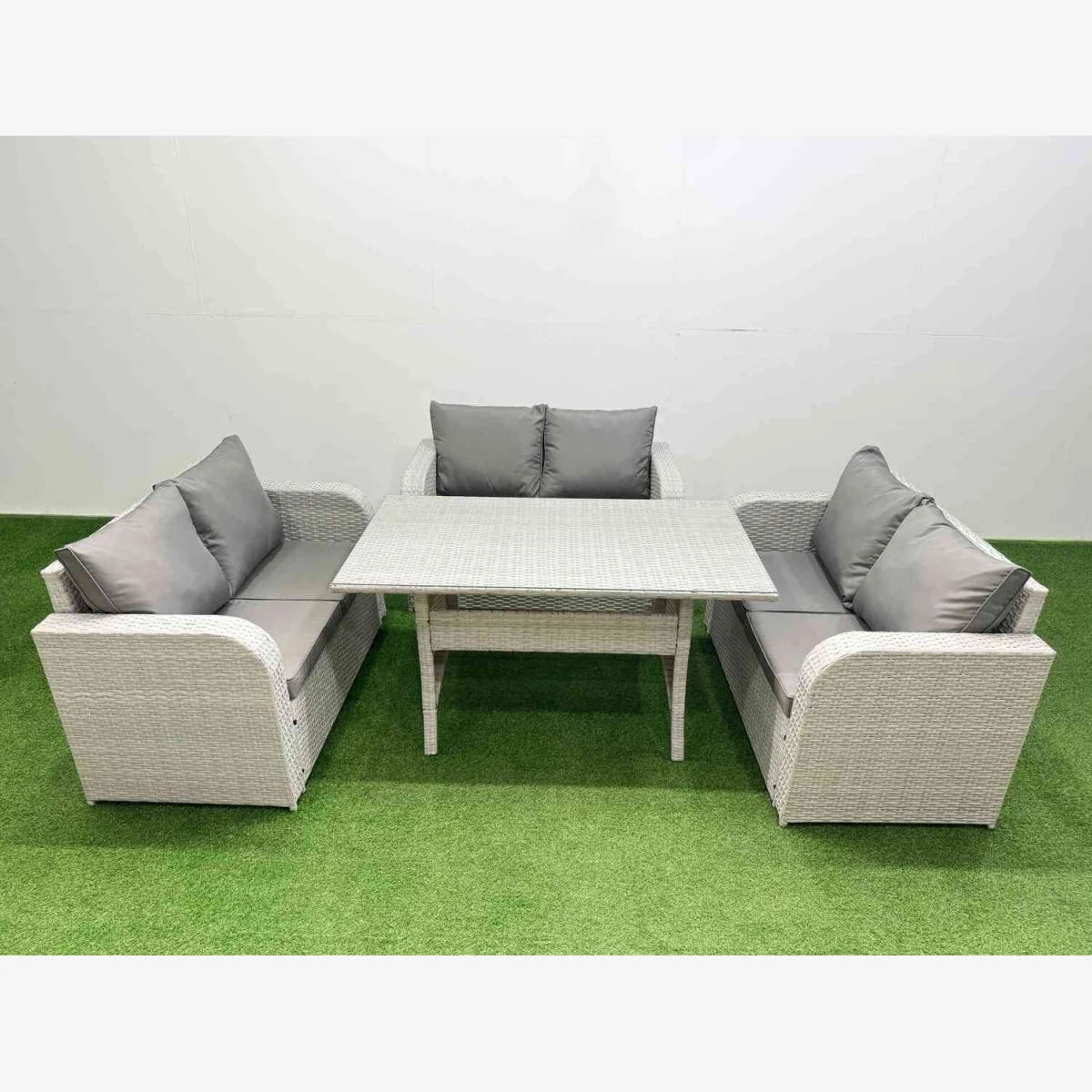 Fimous 6-Seater PE Rattan Wicker Sofa Set with Rectangular Tempered Glass Table, Light Grey. - Light Grey – image 1