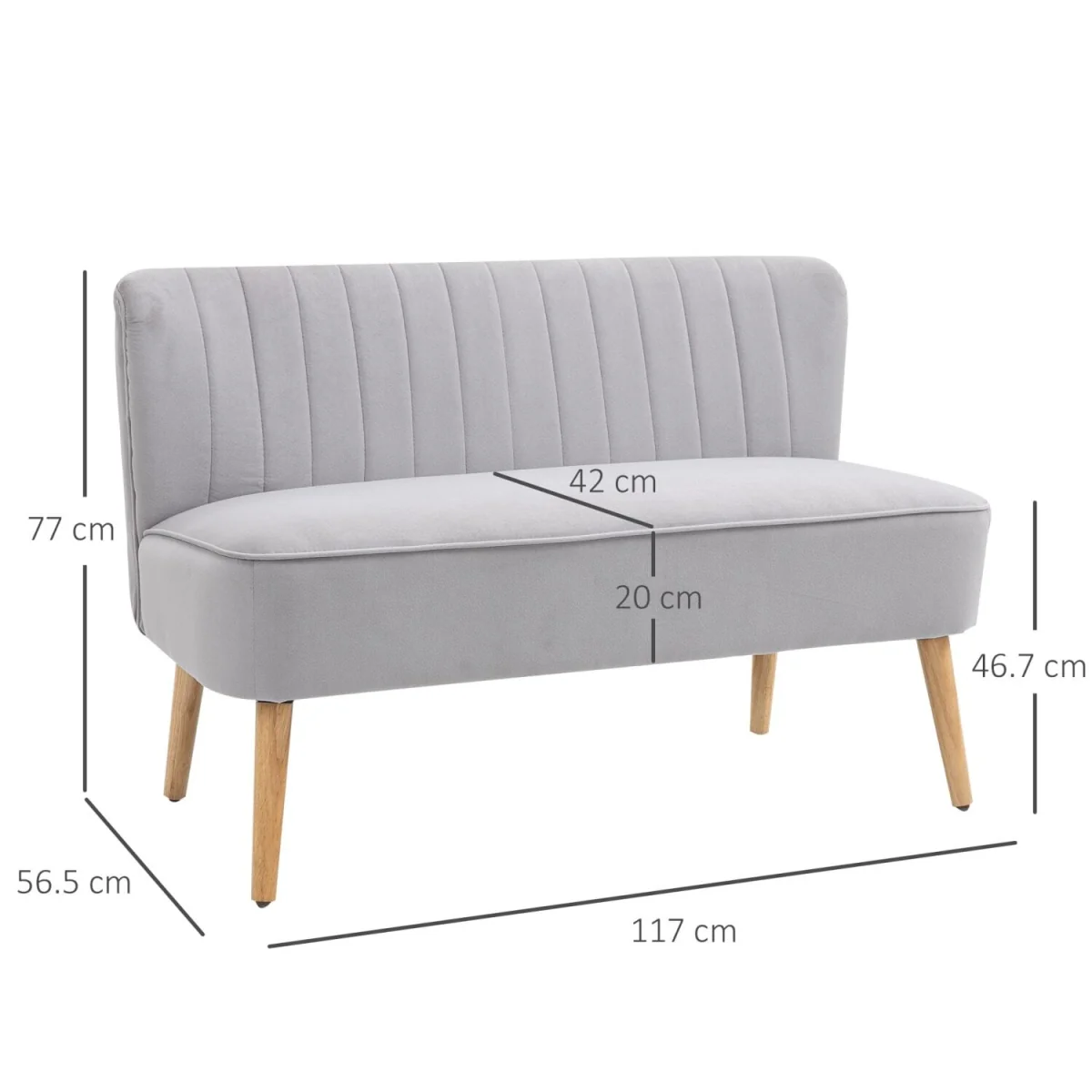 Nebalo Light Grey Velvet 2-Seater Sofa - Wooden Angled Legs, Panelled Stitch Back – image 4