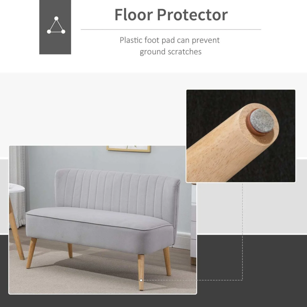 Nebalo Light Grey Velvet 2-Seater Sofa - Wooden Angled Legs, Panelled Stitch Back – image 5