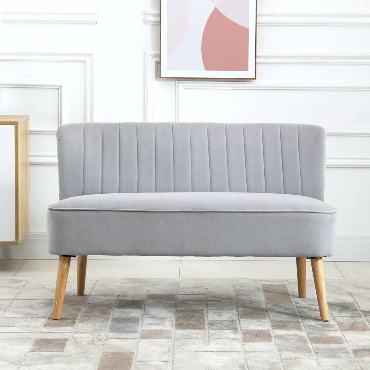 Nebalo Light Grey Velvet 2-Seater Sofa - Wooden Angled Legs, Panelled Stitch Back – image 9