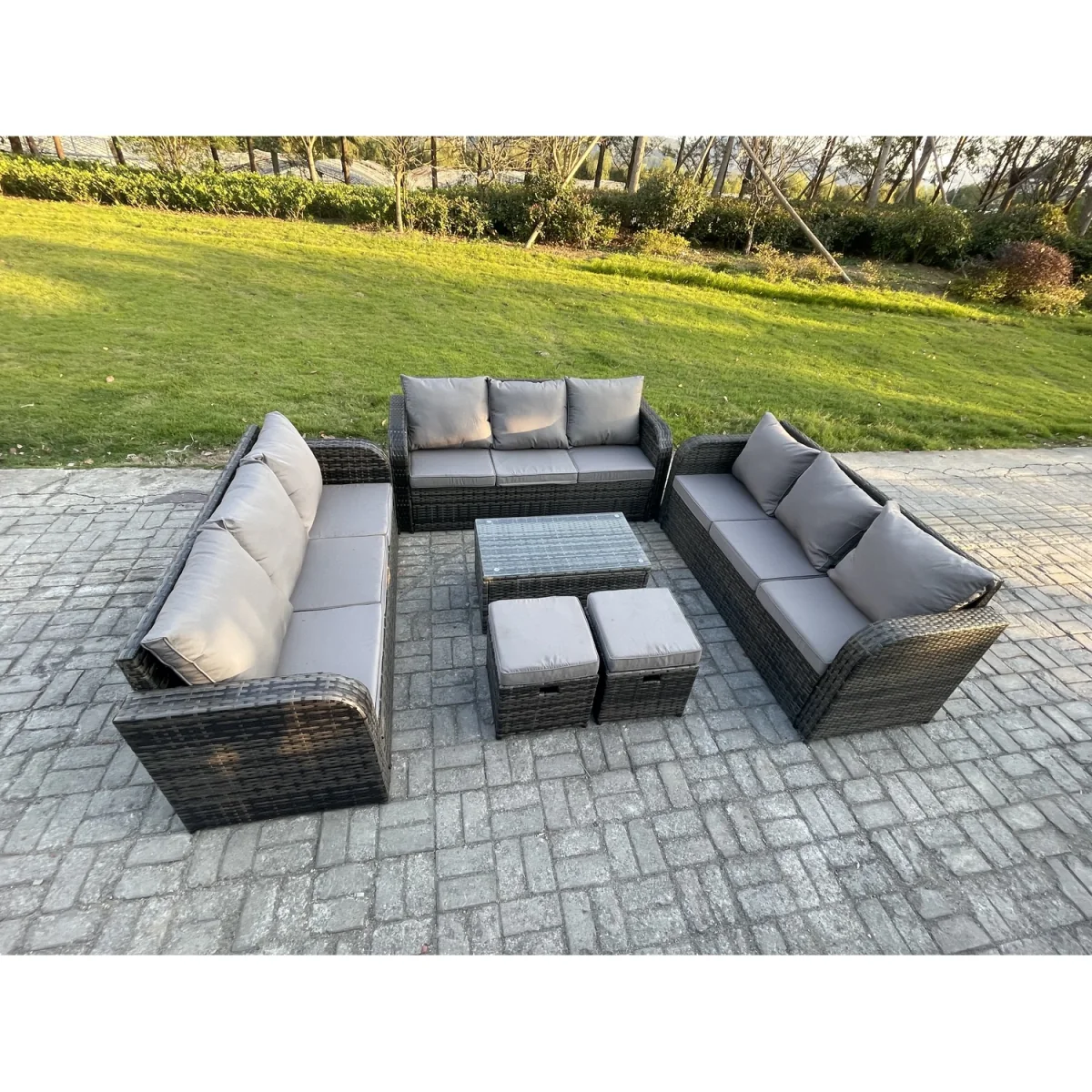 Fimous 11-Seater Rattan Lounge Sofa Set with Rectangular Coffee Table, Dark Grey Mixed. - Dark Grey Mixed – image 4