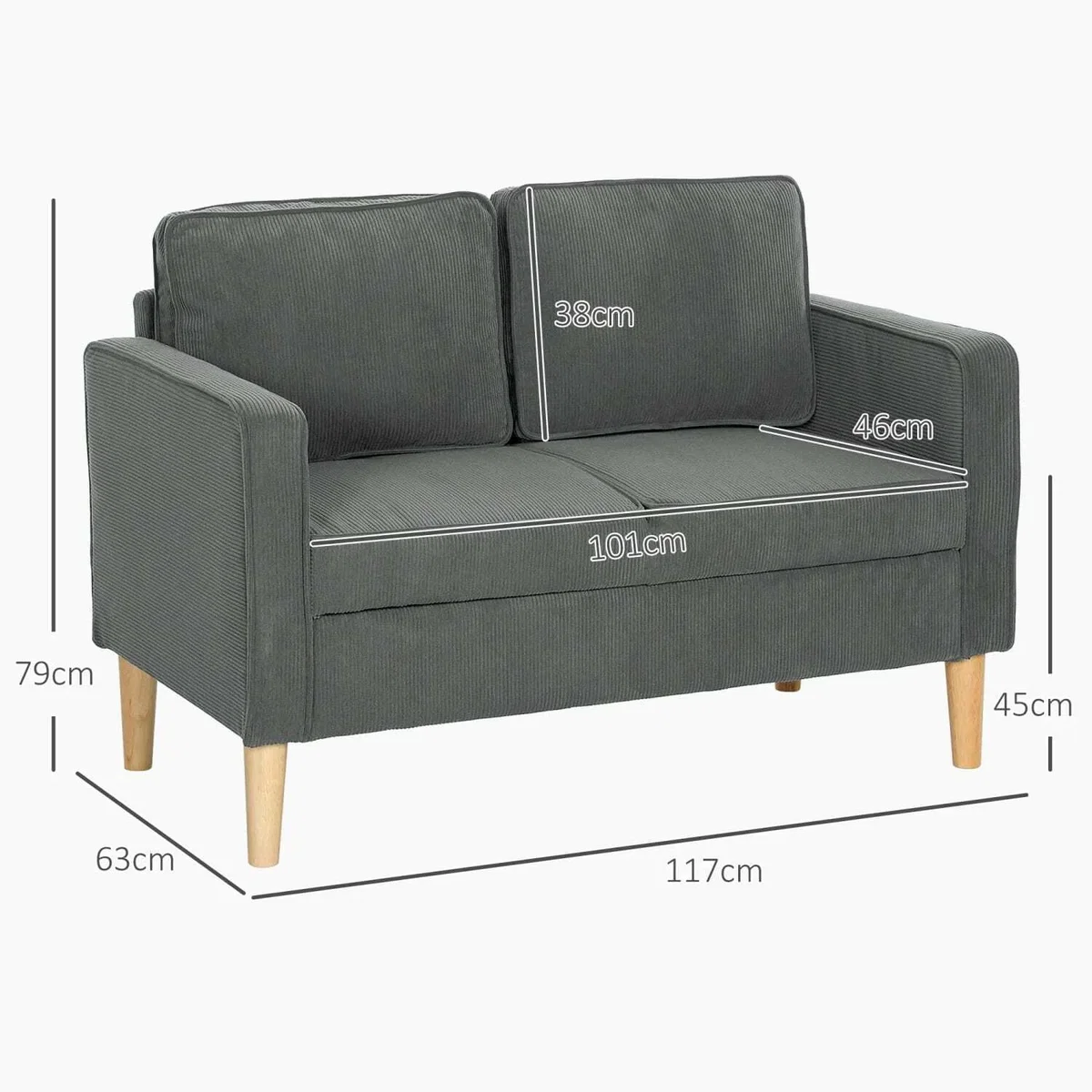 Sono Vare Corduroy Grey Compact 2-Seater Sofa, Natural Wooden Legs – image 4