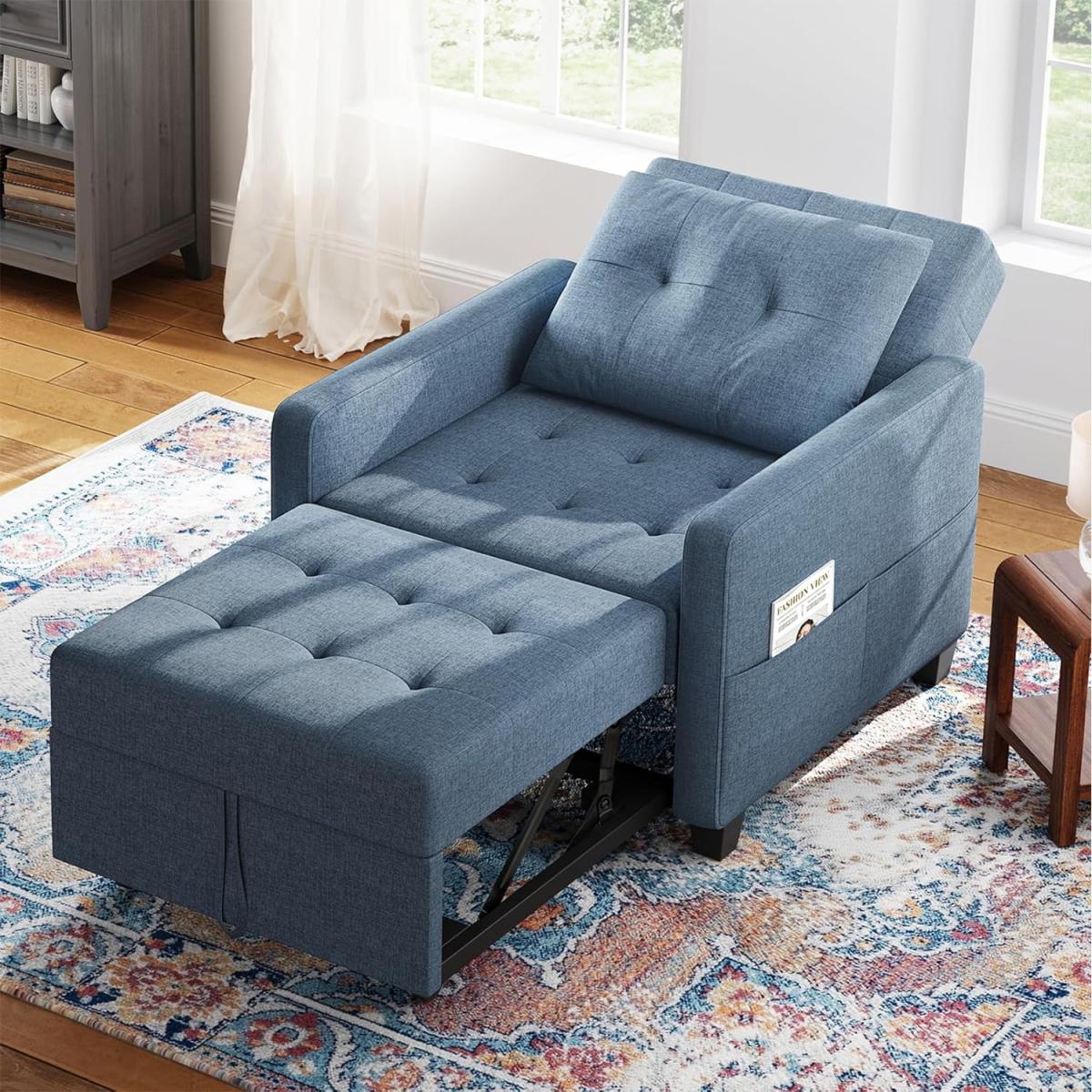 Fabric Single Sofa Bed Chair Pull Out Sleeper - Blue