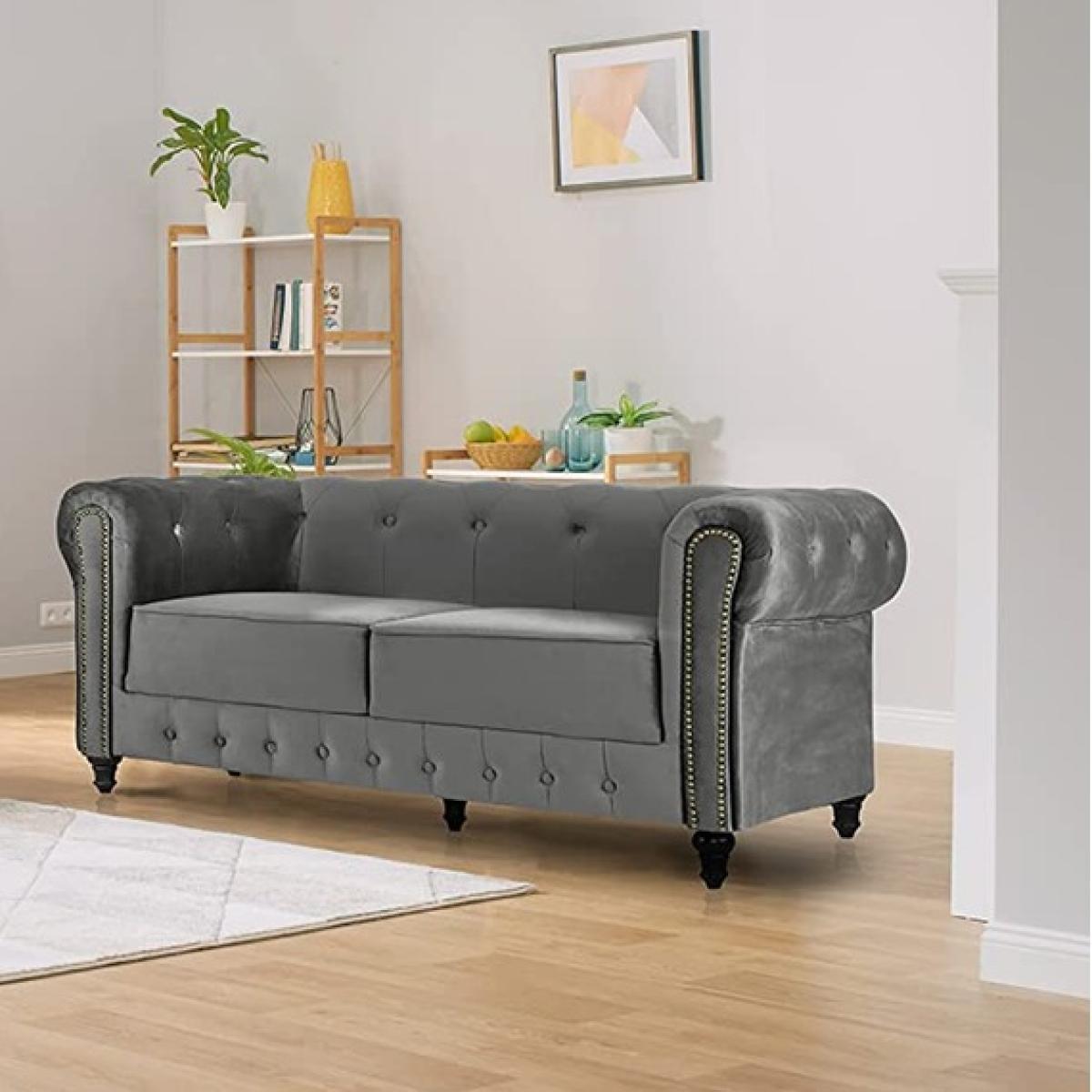Velvet Fabric Chesterfield Grey Sofa - Grey / 2
