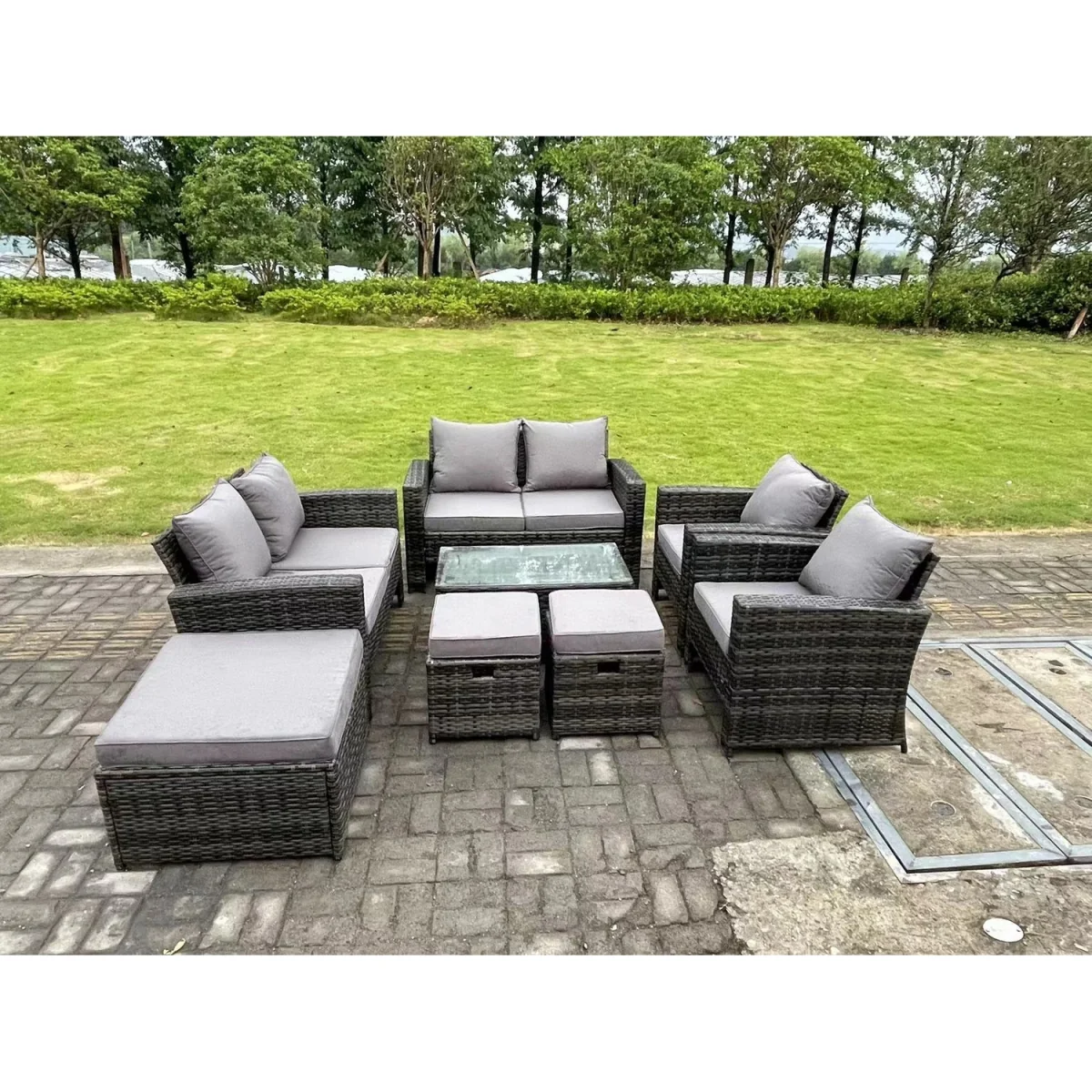 9 Seater High Back Rattan Sofa Set Oblong Coffee Table - Dark Grey Mixed – image 2