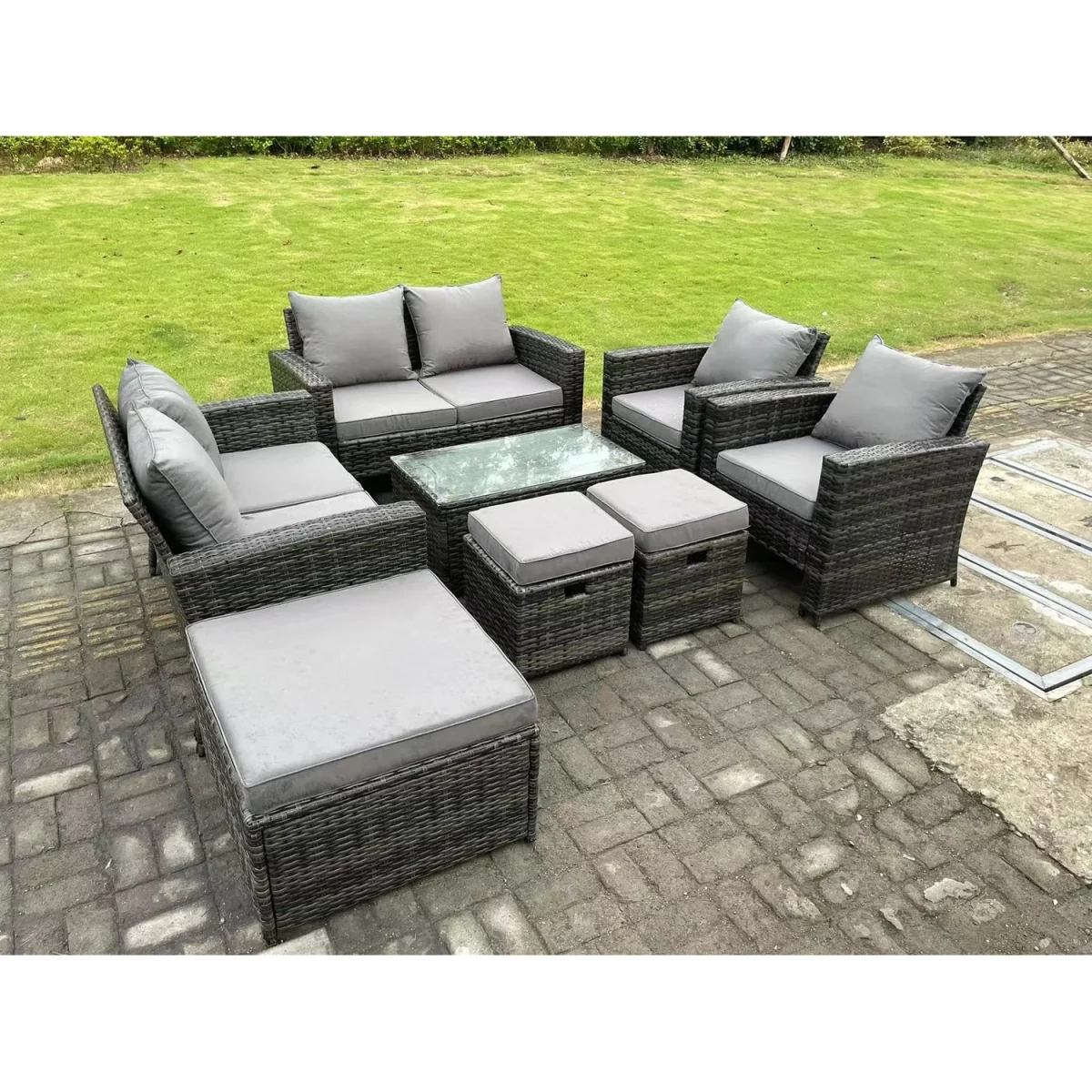 9 Seater High Back Rattan Sofa Set Oblong Coffee Table - Dark Grey Mixed – image 3