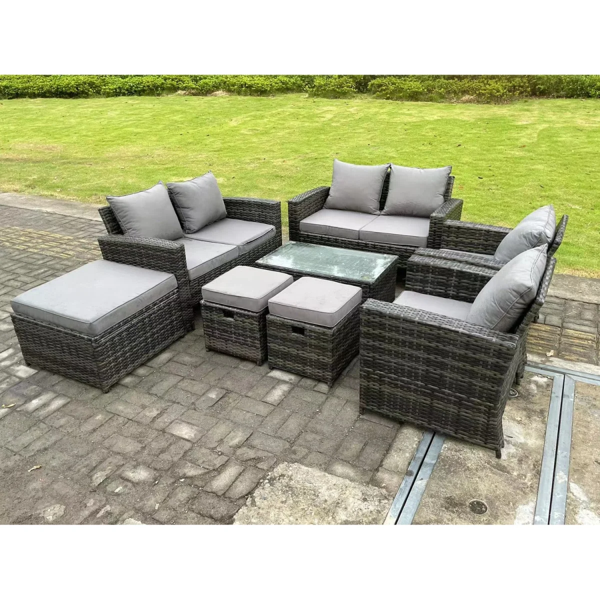 9 Seater High Back Rattan Sofa Set Oblong Coffee Table - Dark Grey Mixed – image 4