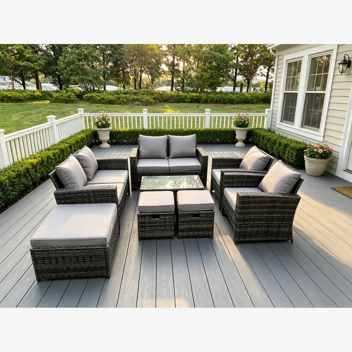 9 Seater High Back Rattan Sofa Set Oblong Coffee Table - Dark Grey Mixed – image 1