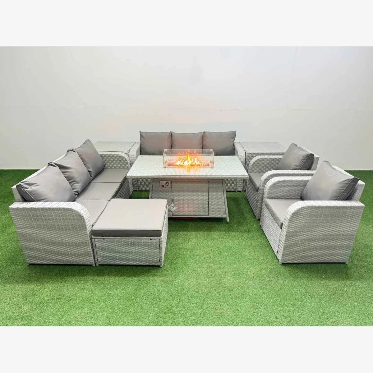 Fimous PE Rattan High-Back Sofa Set with Firepit Dining Table, Light Grey - Light Grey – image 1