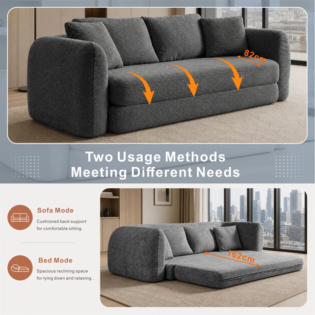 MIMO Indoor Pull-Out Loveseat Sofa Bed with Lamb Fleece Fabric, 30D Foam - Grey – image 3
