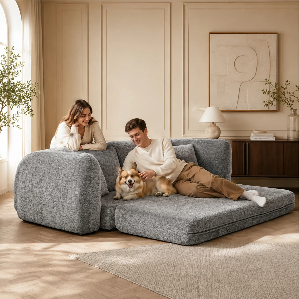 MIMO Indoor Pull-Out Loveseat Sofa Bed with Lamb Fleece Fabric, 30D Foam - Grey – image 5