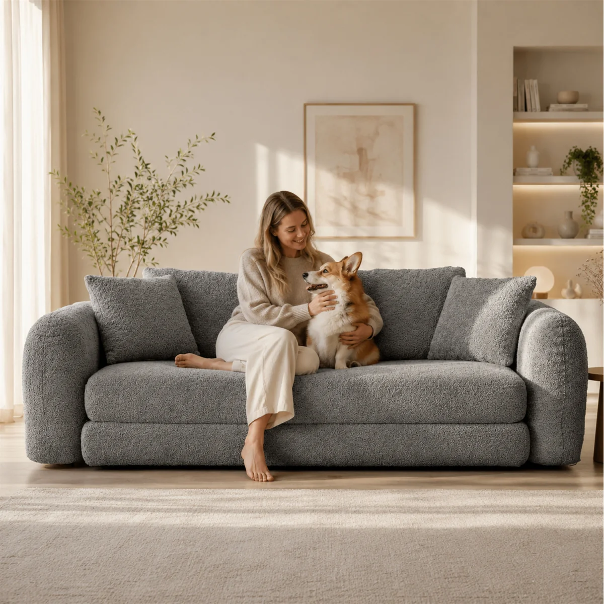 MIMO Indoor Pull-Out Loveseat Sofa Bed with Lamb Fleece Fabric, 30D Foam - Grey – image 6