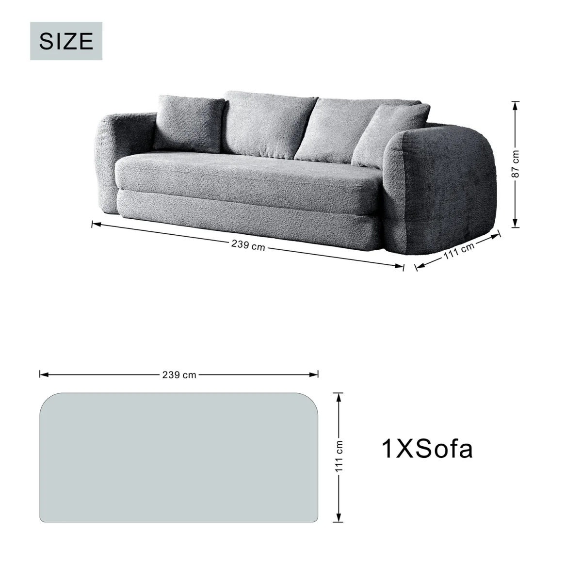 MIMO Indoor Pull-Out Loveseat Sofa Bed with Lamb Fleece Fabric, 30D Foam - Grey – image 7
