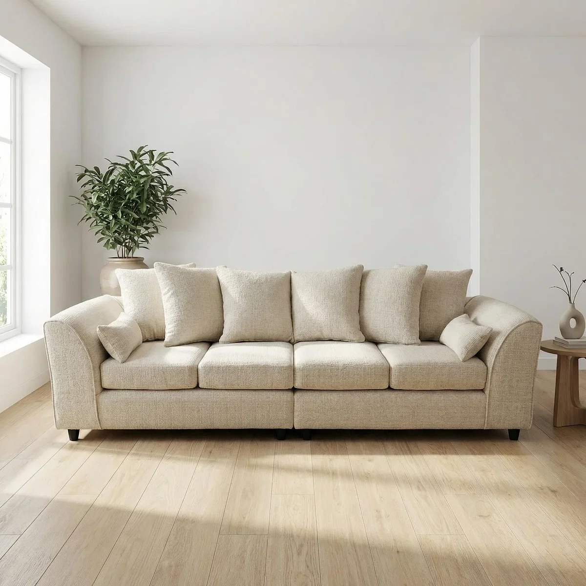 Jumbo Chenille 4 Seater Sofa with Deep Seats and Angular Arms - Stone Grey