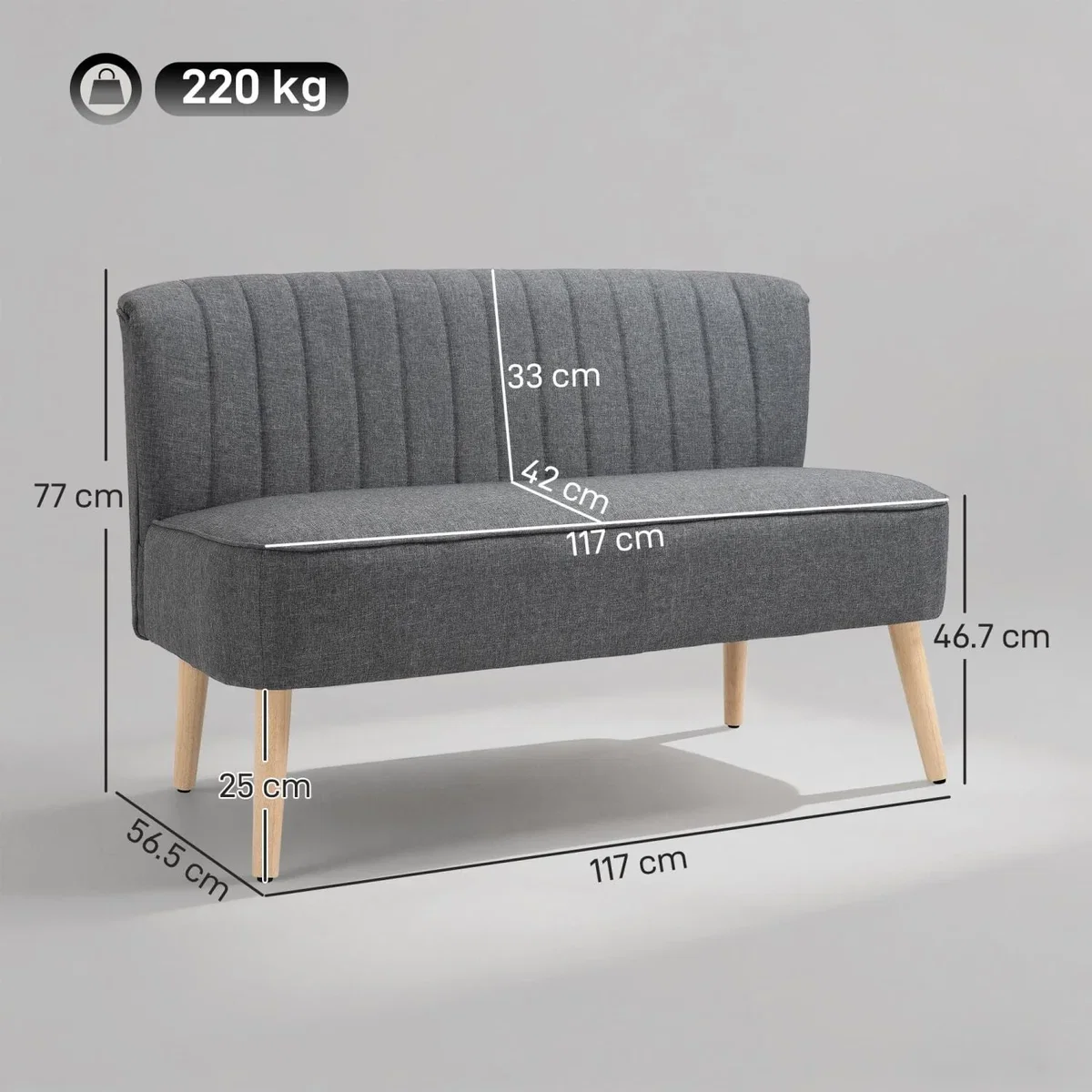 Coliba Fabric Grey Compact 2-Seater Sofa - Padded Seat, Wooden Legs – image 4