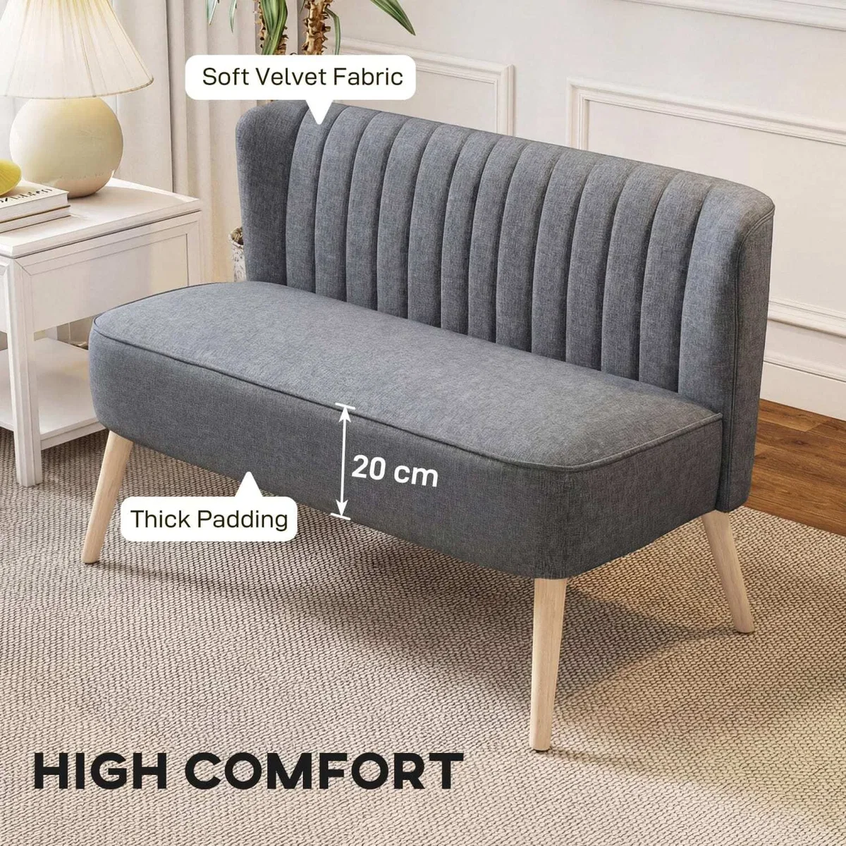 Coliba Fabric Grey Compact 2-Seater Sofa - Padded Seat, Wooden Legs – image 5