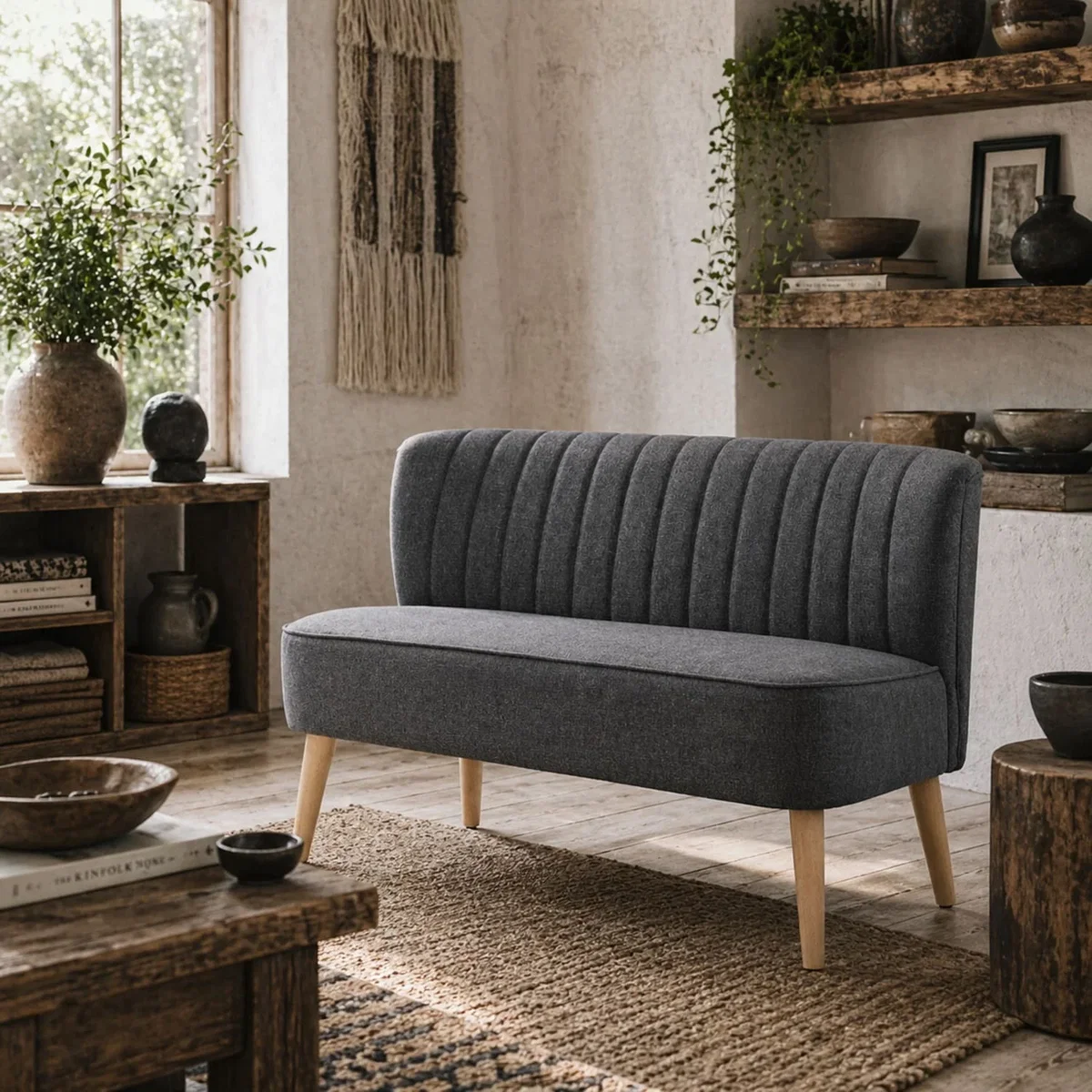 Coliba Fabric Grey Compact 2-Seater Sofa - Padded Seat, Wooden Legs – image 1