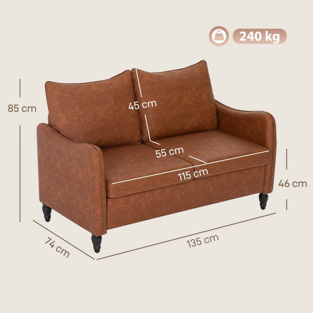 Mipa Brown Faux Leather Marble-Effect 2-Seater Sofa – image 3
