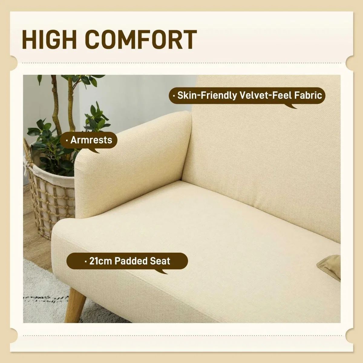 Zipato Velvet Cream Compact 2-Seater Sofa - Extra Thick Padding, Wooden Legs – image 5
