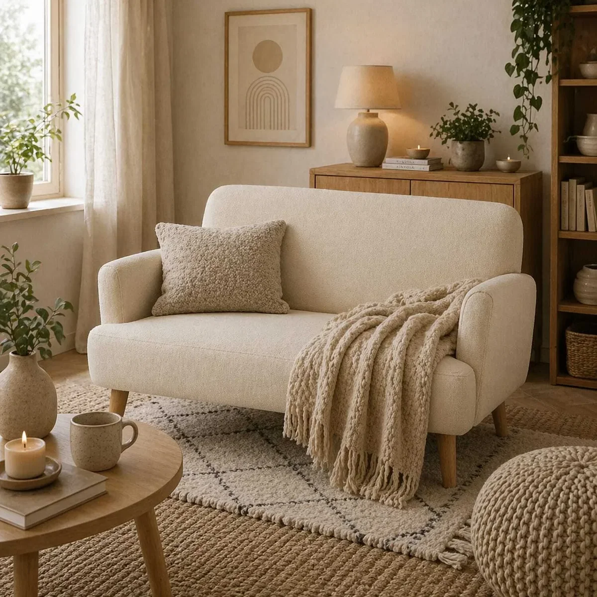 Zipato Velvet Cream Compact 2-Seater Sofa - Extra Thick Padding, Wooden Legs – image 1