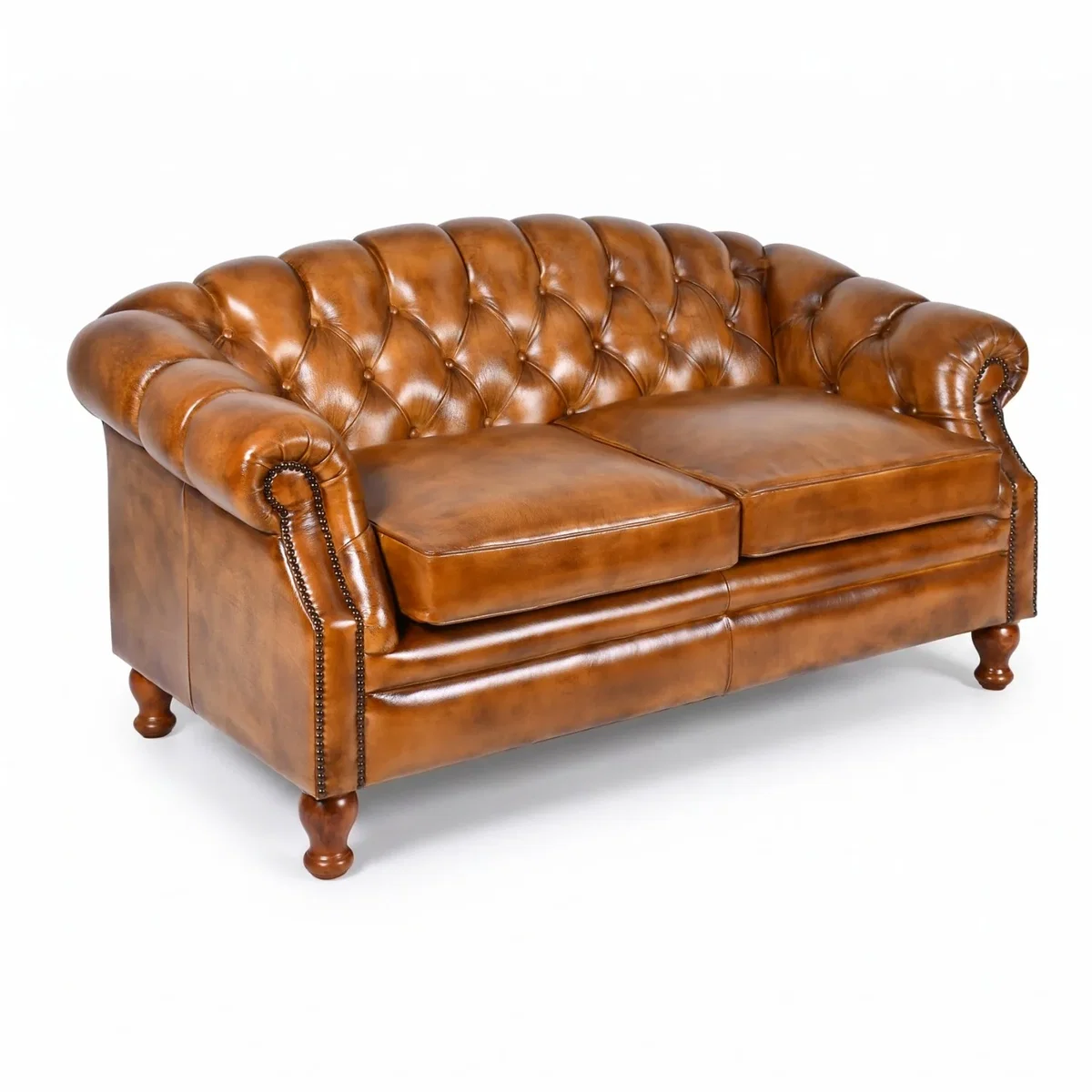 Tan Brown Real Genuine Hide Leather Chesterfield 2 Seater Sofa Solid Hardwood Frame Vintage Leather - Brown – image 3