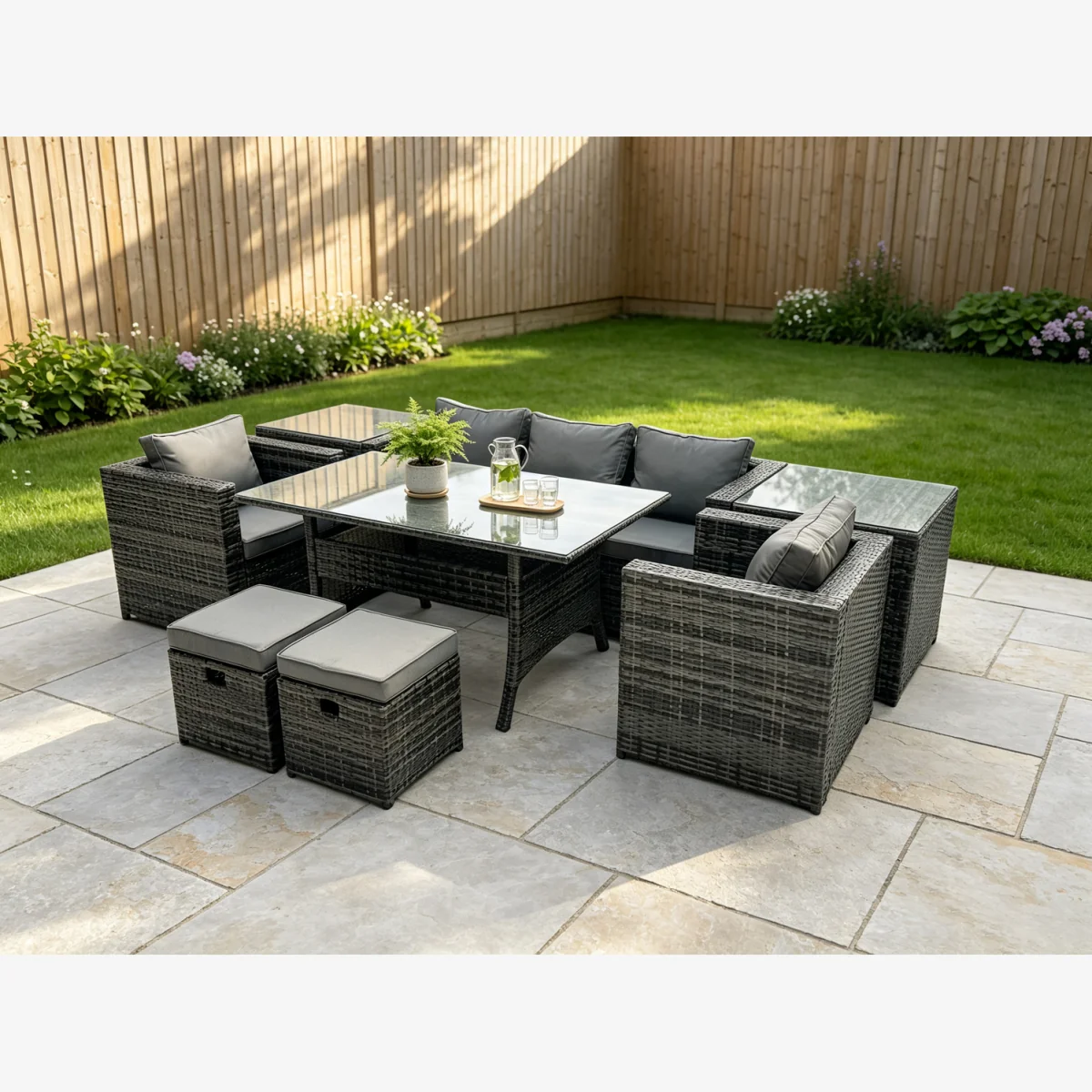 Fimous Rattan Lounge Sofa Set with Dining Table, Side Tables & Stools - Dark Grey