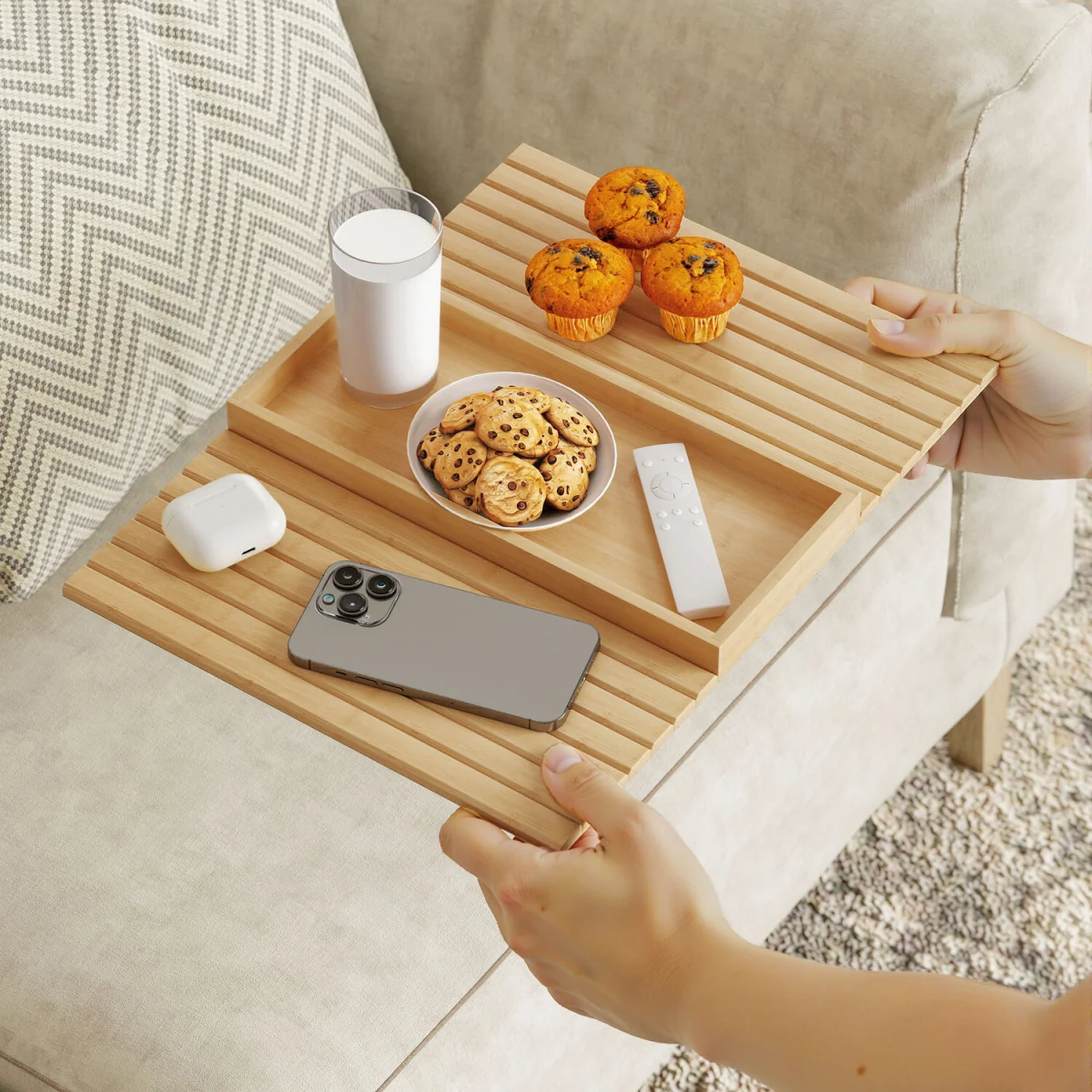 HOMCOM Bamboo Sofa Arm Tray Foldable Anti-Slip Armrest Tray - Natural wood finish – image 2