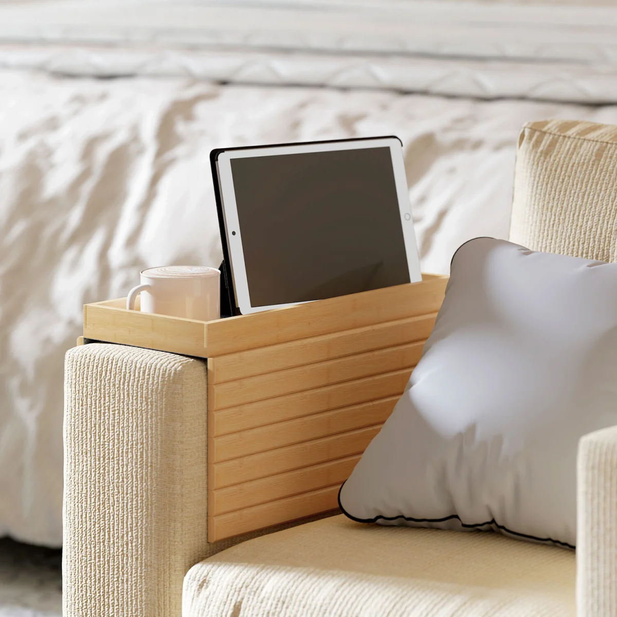 HOMCOM Bamboo Sofa Arm Tray Foldable Anti-Slip Armrest Tray - Natural wood finish – image 3