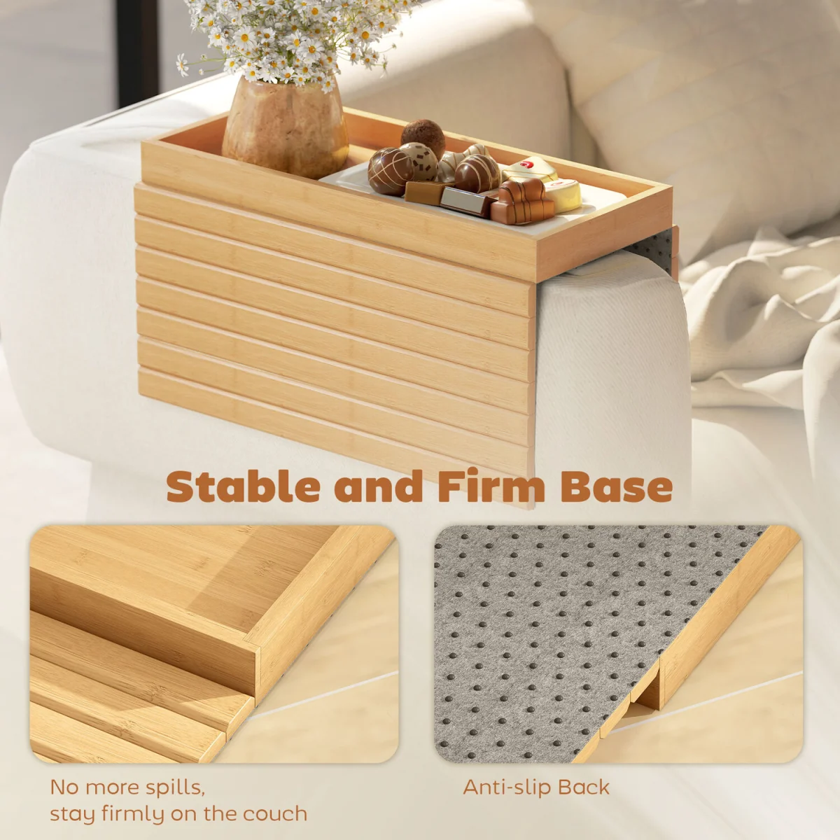 HOMCOM Bamboo Sofa Arm Tray Foldable Anti-Slip Armrest Tray - Natural wood finish – image 5