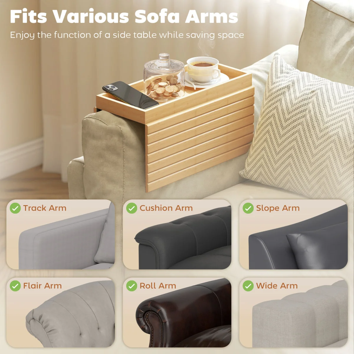 HOMCOM Bamboo Sofa Arm Tray Foldable Anti-Slip Armrest Tray - Natural wood finish – image 7