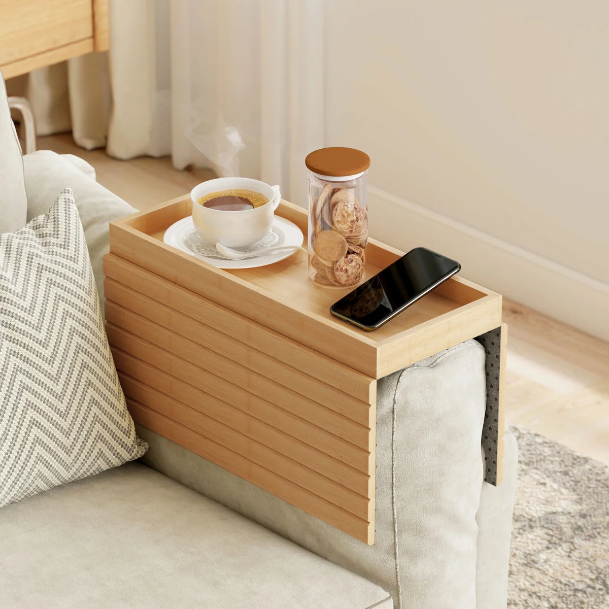 HOMCOM Bamboo Sofa Arm Tray Foldable Anti-Slip Armrest Tray - Natural wood finish – image 9