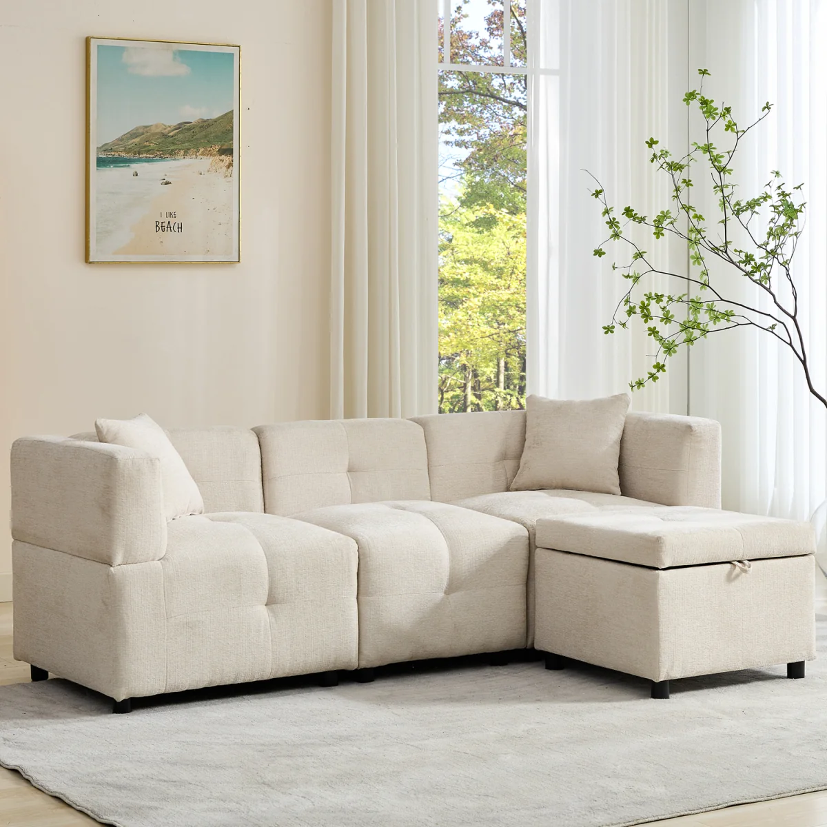 Beige L-Shaped Sectional Sofa with Removable Storage Ottoman and 2 Pillows - Cream – image 2