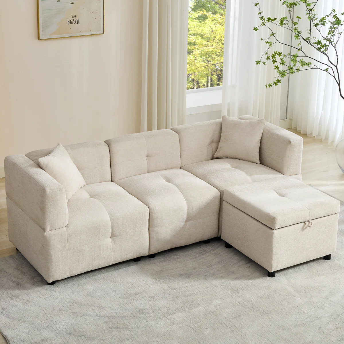 Beige L-Shaped Sectional Sofa with Removable Storage Ottoman and 2 Pillows - Cream – image 3