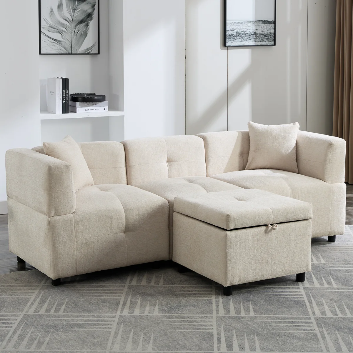 Beige L-Shaped Sectional Sofa with Removable Storage Ottoman and 2 Pillows - Cream – image 4