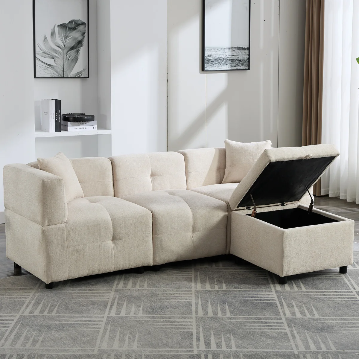 Beige L-Shaped Sectional Sofa with Removable Storage Ottoman and 2 Pillows - Cream – image 1