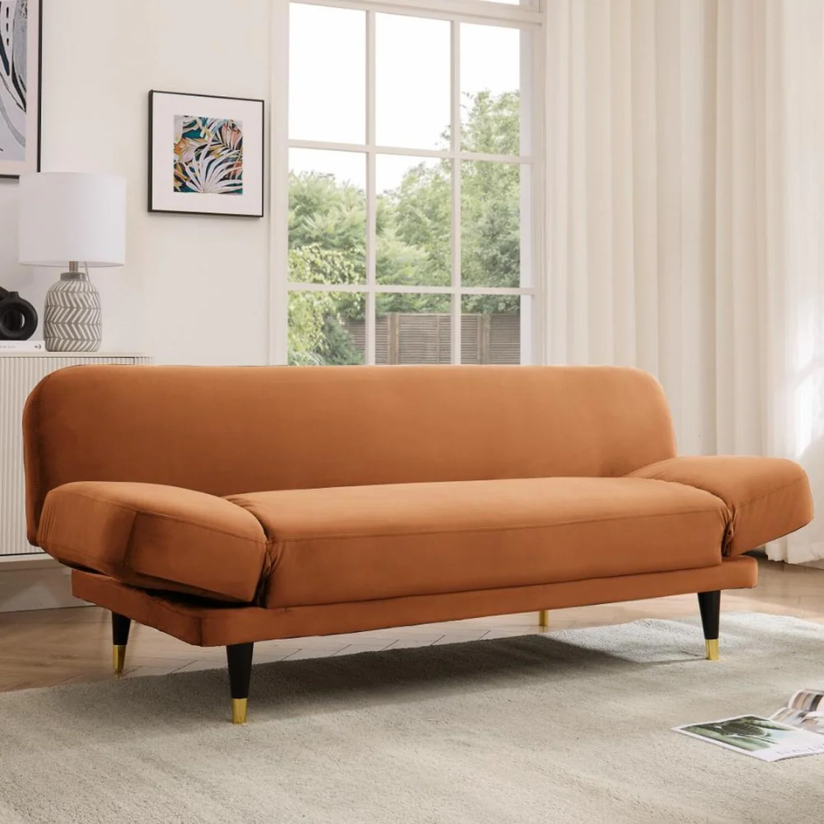 Silas Sofa Bed With Adjustable Armrests - Burnt Orange Velvet – image 1