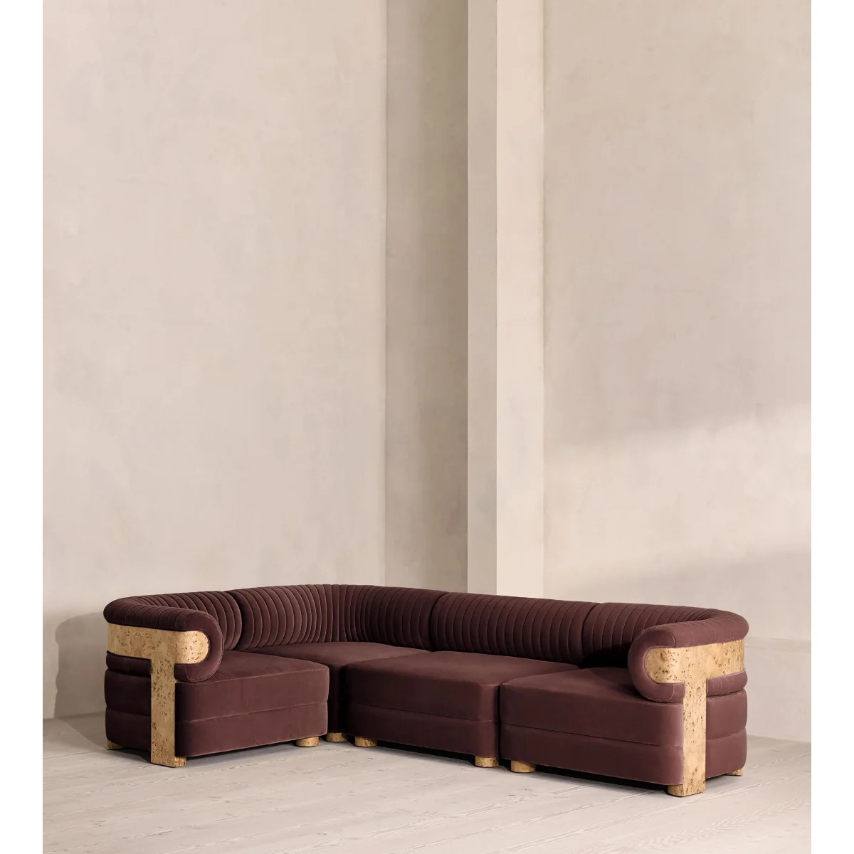Caleb Modular Sofa, L-Shape Sofa, Velvet, Aubergine, Blonde Burl, UK – image 2