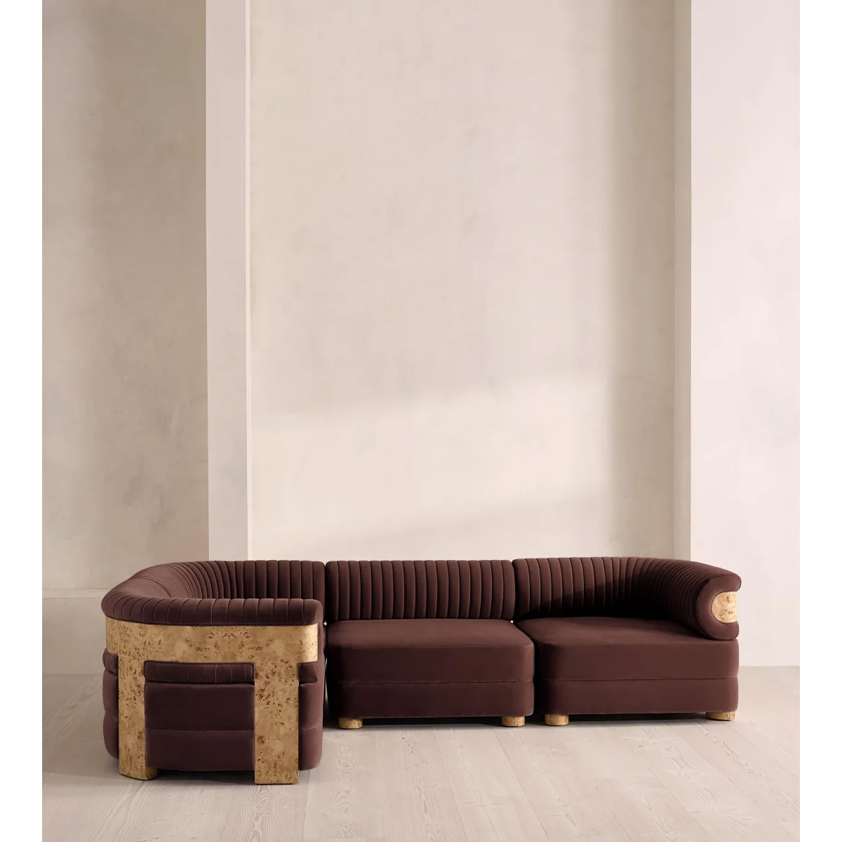 Caleb Modular Sofa, L-Shape Sofa, Velvet, Aubergine, Blonde Burl, UK – image 3