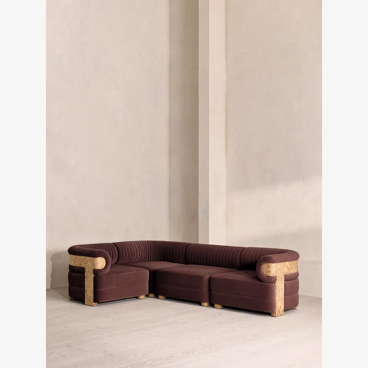 Caleb Modular Sofa, L-Shape Sofa, Velvet, Aubergine, Blonde Burl, UK – image 1