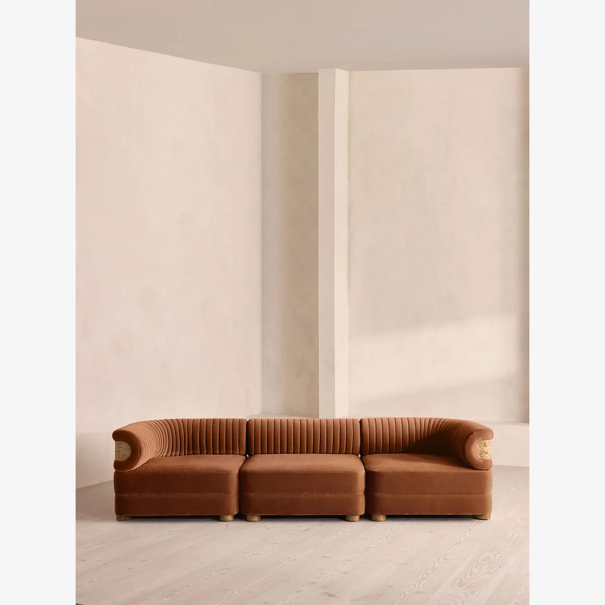 Caleb Modular Sofa, Four Seater, Velvet, Cinnamon, Blonde Burl, UK – image 1