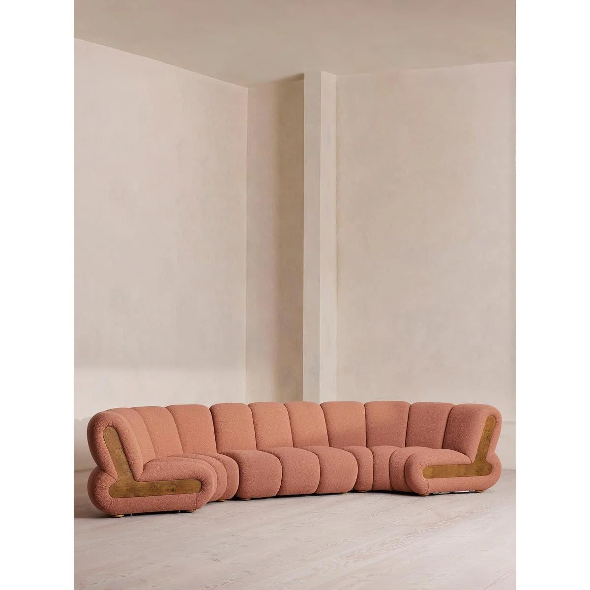 Noelle Modular Curved Sofa, Six Seater, Textured Wool Boucle, Coral – image 2