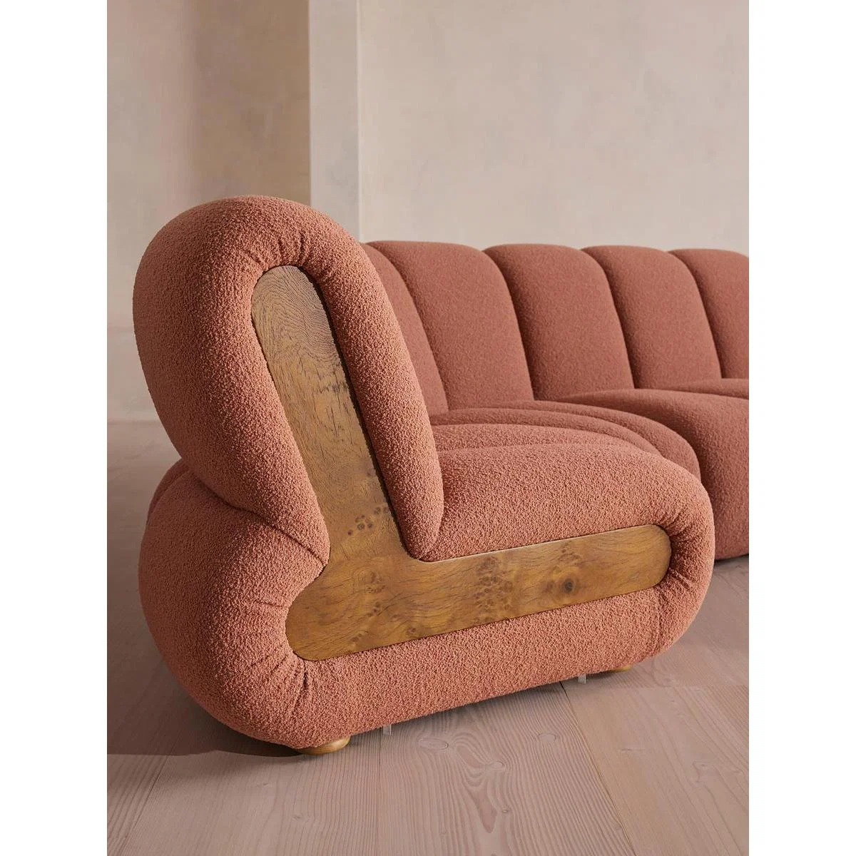Noelle Modular Curved Sofa, Six Seater, Textured Wool Boucle, Coral – image 6
