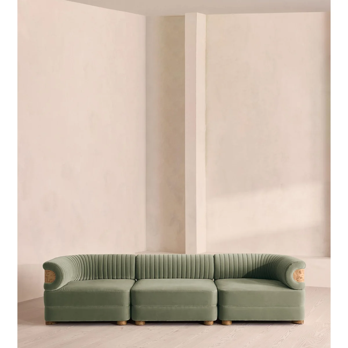 Caleb Modular Sofa, Four Seater, Velvet, Seafoam, Blonde Burl, UK – image 2