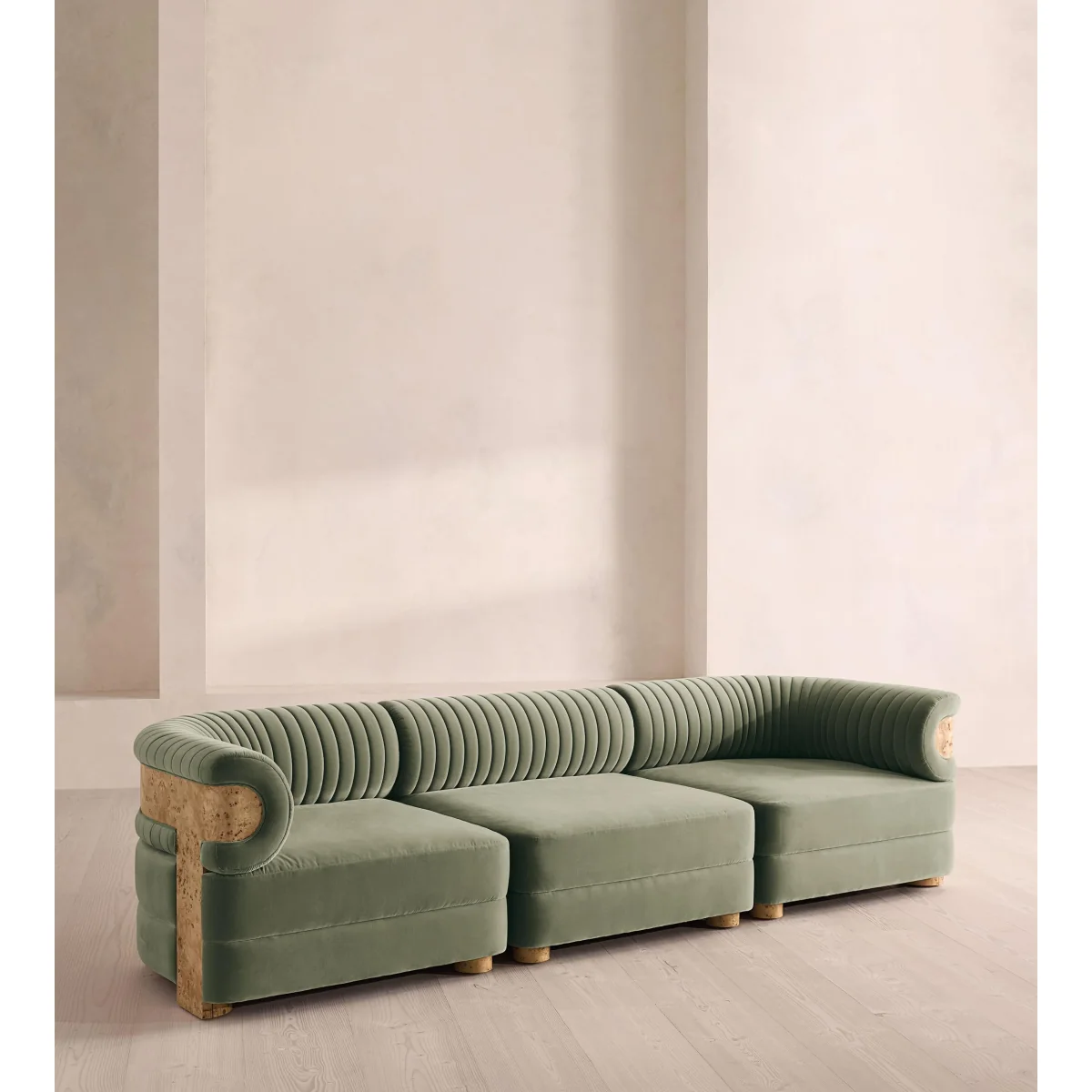 Caleb Modular Sofa, Four Seater, Velvet, Seafoam, Blonde Burl, UK – image 3