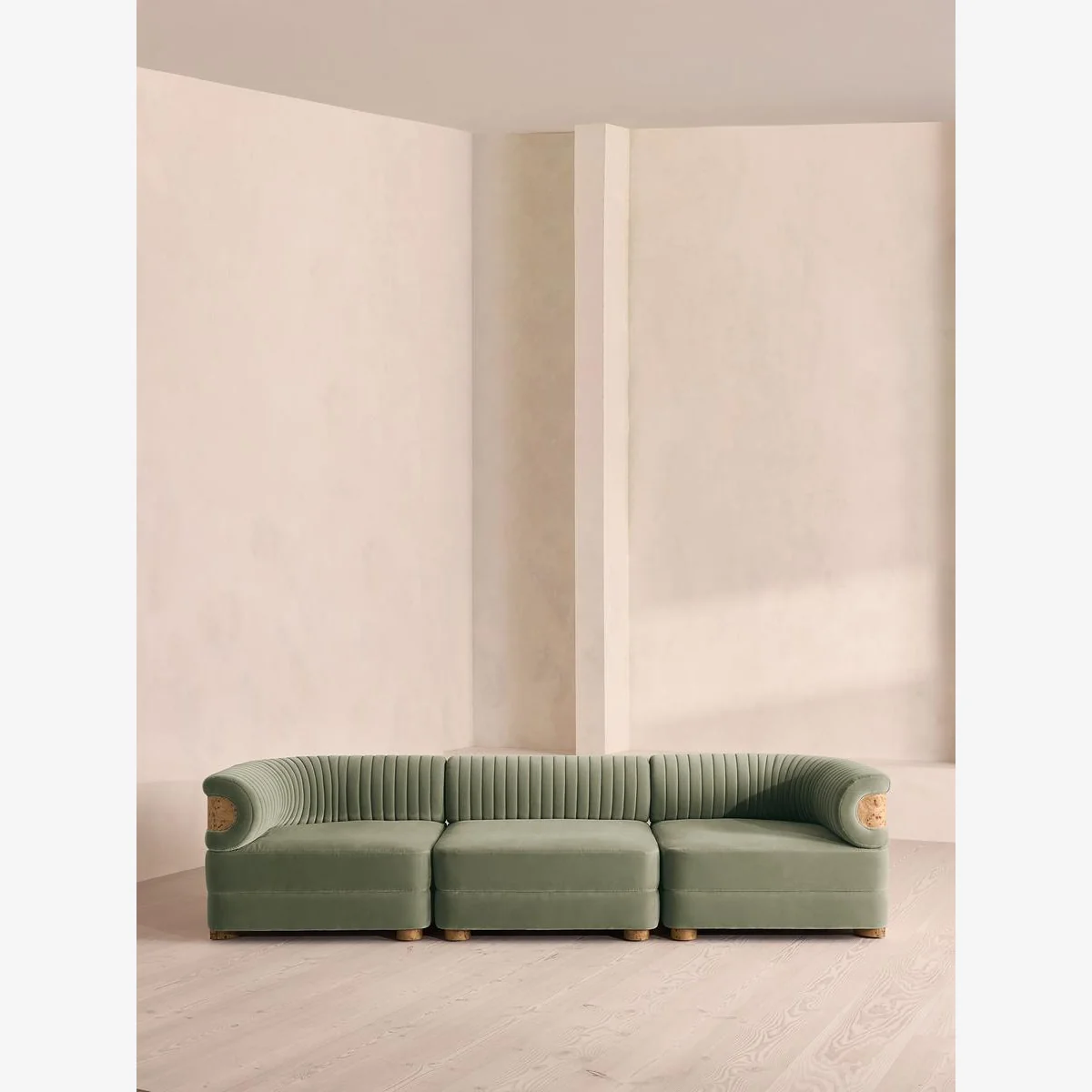 Caleb Modular Sofa, Four Seater, Velvet, Seafoam, Blonde Burl, UK – image 1