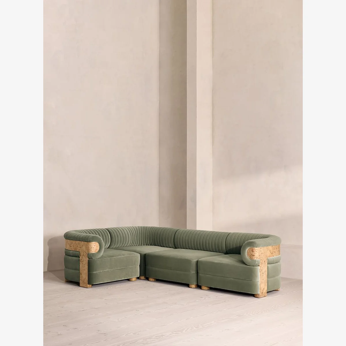 Caleb Modular Sofa, L-Shape Sofa, Velvet, Seafoam, Blonde Burl, UK – image 1